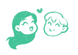 A small green doodle of Brandon and Stephanie, their smiling faces are pointed towards each other and a heart is floating in the middle between them