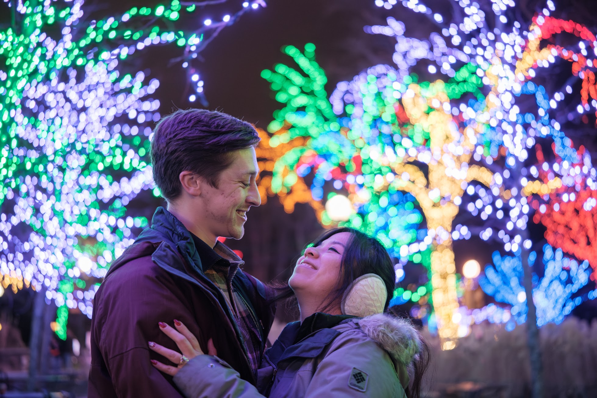 Stephanie and Brandon from their proposal photoshoot at the Lincoln Park Zoo Lights